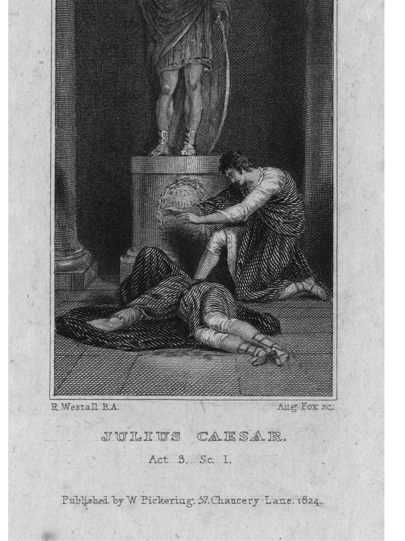 Act 3 graphic of Antony with the body of Caesar